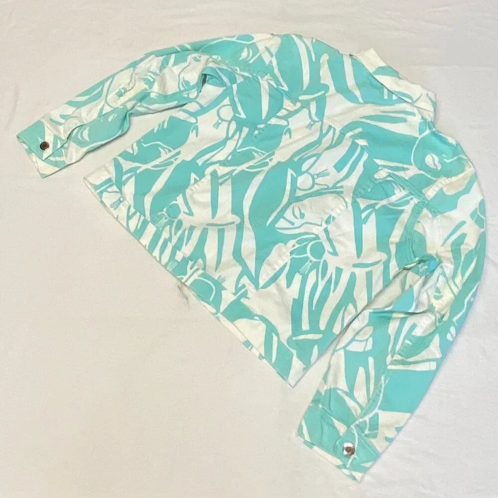 Impulse California Trucker Jean Jacket M White Aqua Pop Art Graphic Female Faces - Picture 9 of 12